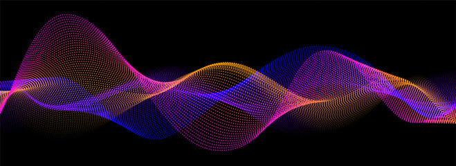 Neon sound wave on black background. Abstract flowing wavy dot lines design for ai concept, eq equalizer, audio record, voice assistant. Blue pink purple gradient dashed curve stripe wallpaper. Vector