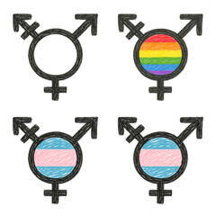 Hand-Drawn Transgender Symbols with Rainbow and Trans Flags – LGBTQ+ Doodle Style Icons