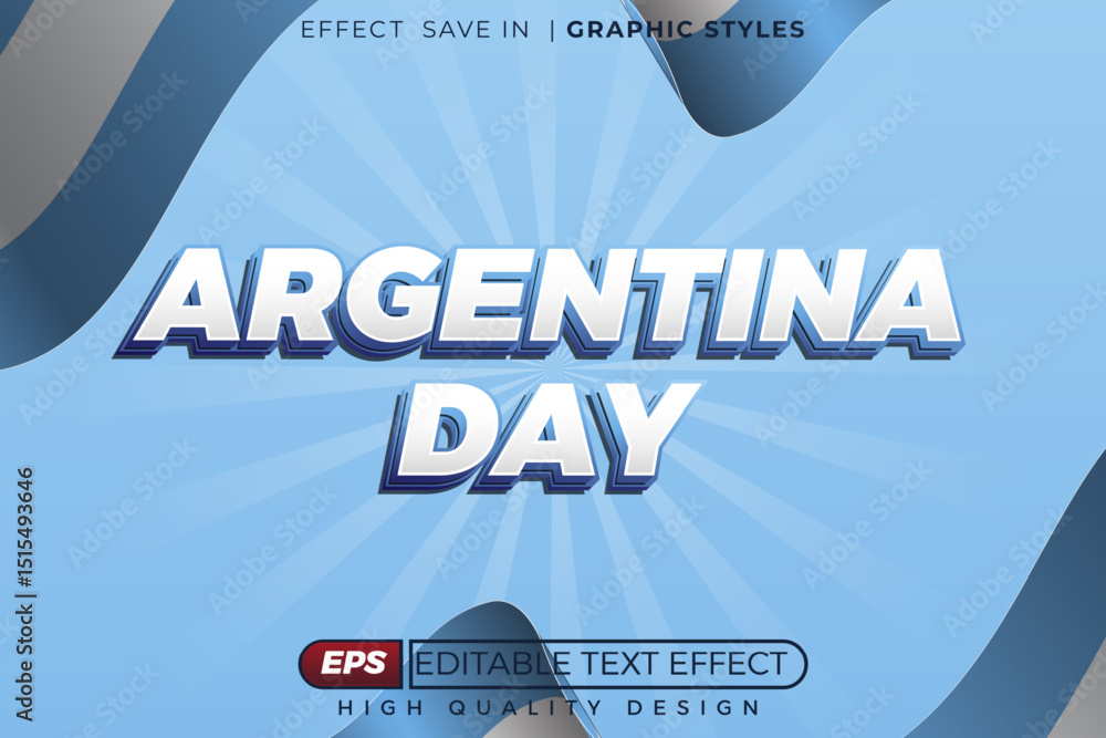 Poster argentina day text design features light blue background and editable effect, creating vector graphi