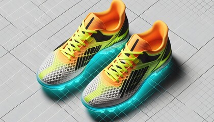 Bright futsal shoes with neon highlights laid flat in top view on clear background for product display