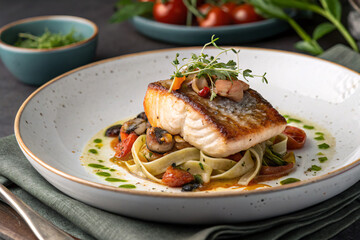 Delicious Pan-Seared Salmon with Pasta and Vegetables Gourmet Food Dish