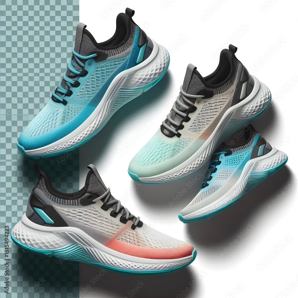 Poster stylish running shoes shown in flat lay from side and top views isolated on transparent background w