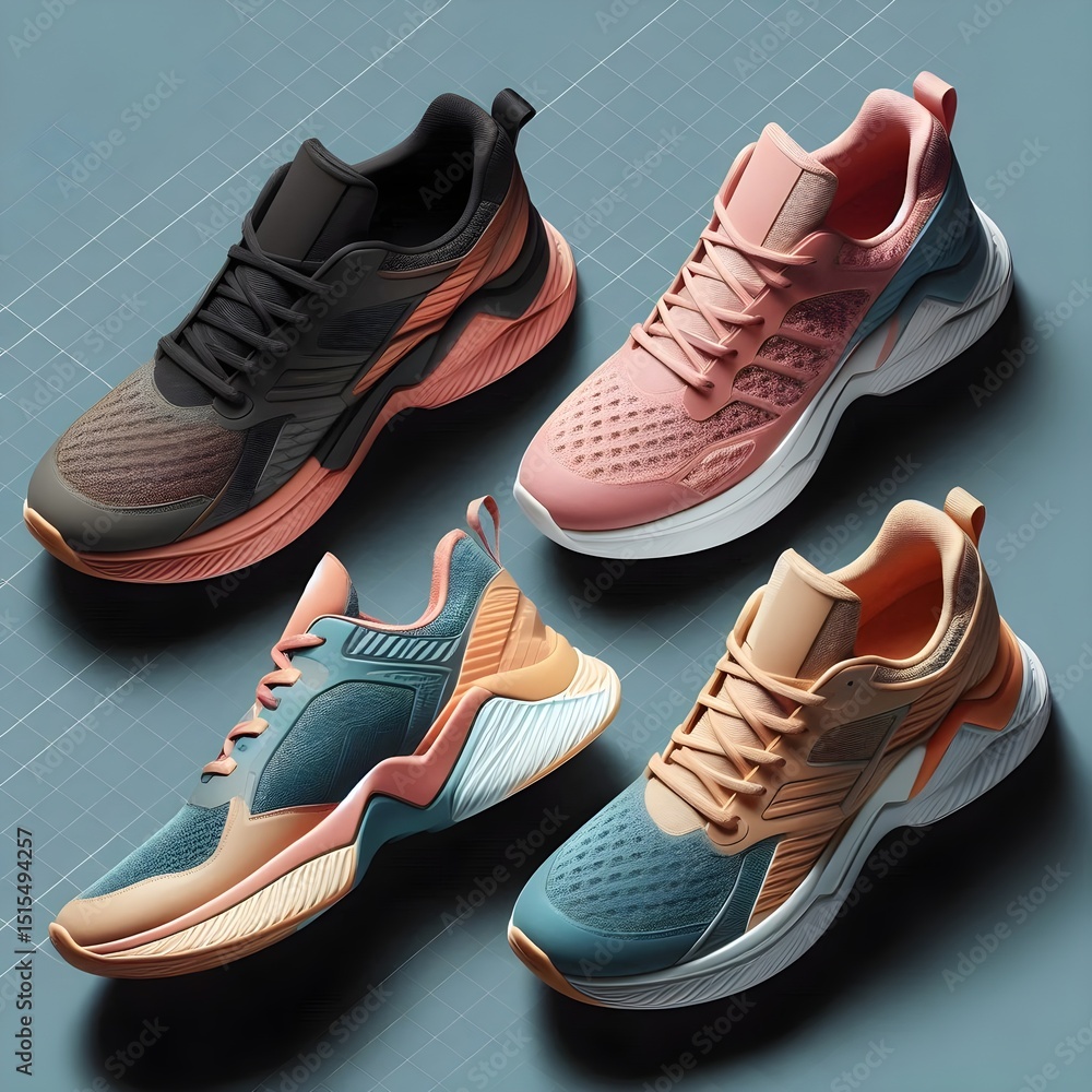 Poster flat lay showing stylish running shoes isolated on transparent background with side view and top-dow