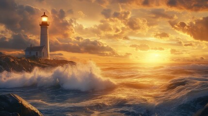 Dramatic sunset over a turbulent ocean with a lighthouse.