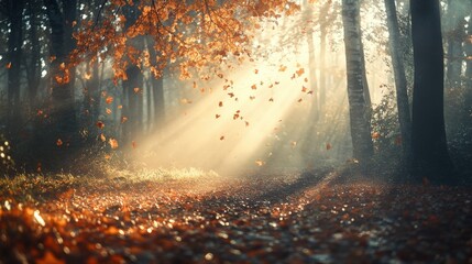 Fototapeta premium Sunbeams pierce a forest path covered in autumn leaves.