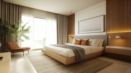 Serene modern bedroom with natural light and wooden accents providing relaxation