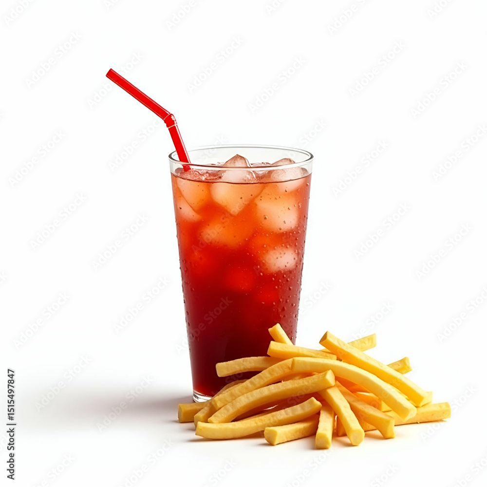 Poster soda and fries combination on white background highlighting carbonated drink with straw and golden f