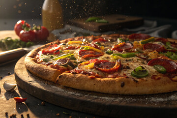 Delicious Pepperoni Pizza with Fresh Vegetables and Cheese on Rustic Wooden Board