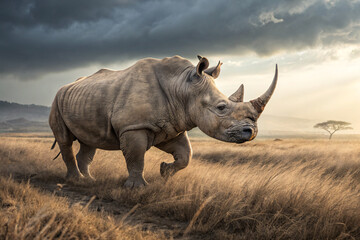 Majestic White Rhinoceros Grazing in African Savanna under Dramatic Sky