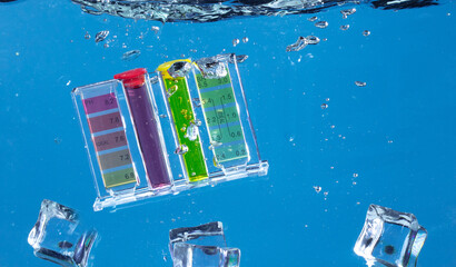 PH acid level test kit on quality water on screen. PH acid level tester kit tools fall under water splashing splattering with air bubble over blue background isolated