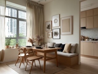 Fototapeta premium A living room with a wooden dining table and chairs. A bench is in the middle of the room