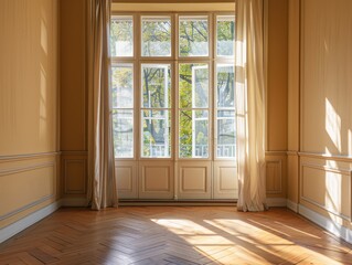 Fototapeta premium A large room with a window and white curtains. The curtains are open, letting in sunlight. The room is empty and has a wooden floor