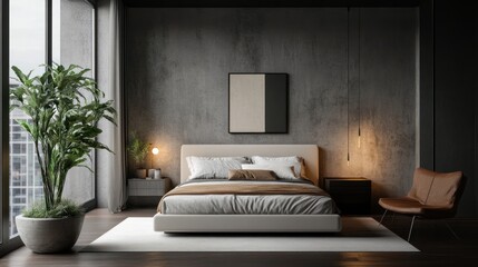 Modern minimalist bedroom interior with textured wall and indoor greenery
