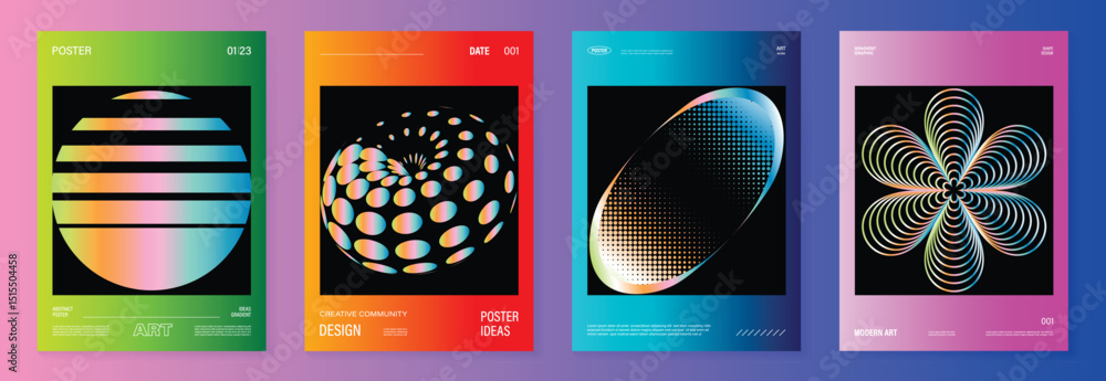Poster modern gradient poster background vector set. cover template with vibrant perspective geometric pris