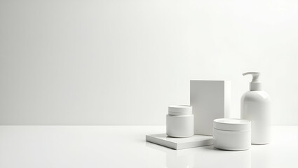 Stunning White Ecommerce Setup: Pristine Product Arrangement on Glossy Surface with Reflective Sheen for Lifestyle Hero Sections and Digital Ads