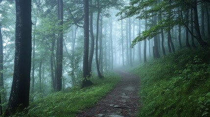 Ethereal trail leads into the mystique of a tranquil deciduous forest shrouded in fog