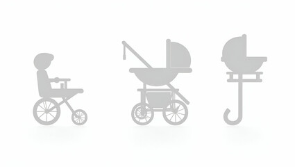 Infographic Icon of Baby Stroller Accessory: Hook & Snack Tray Silhouettes, Line Art with Subtle Shadow, Ample Negative Space for Functional Guides, Isolated on White