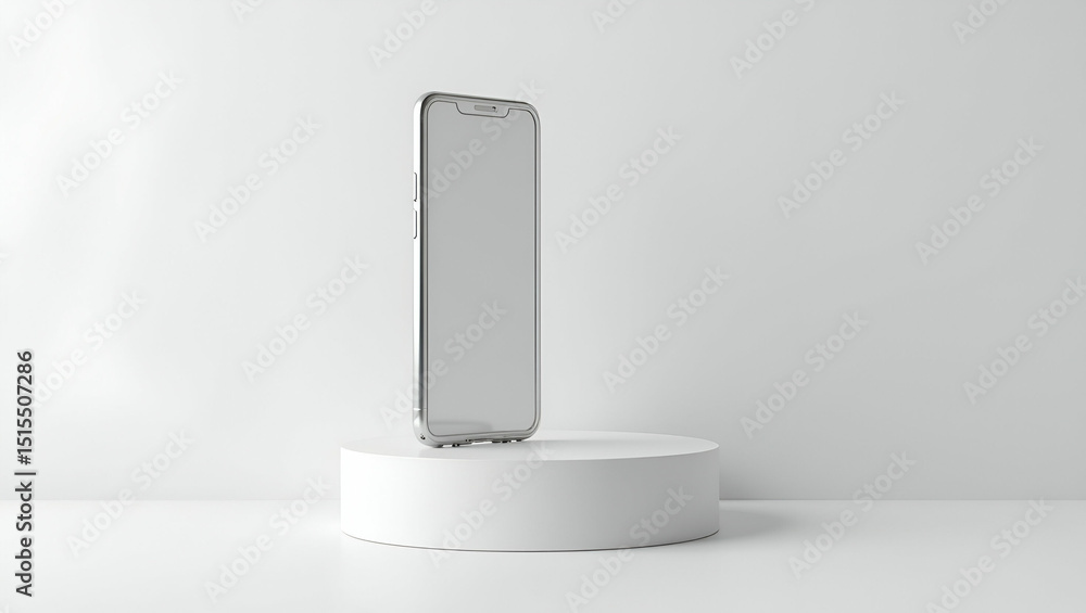 Poster high detail tech product mockup: sleek smartphone on white platform with soft studio lighting, preci