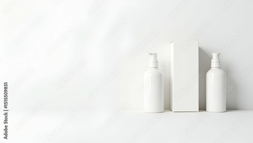 Poster versatile white label product setup: unbranded box & bottle on seamless white backdrop for customiza
