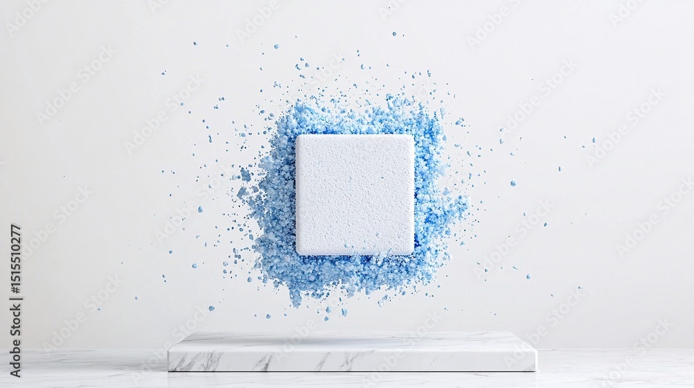 Poster white cube with blue particles floating above marble base