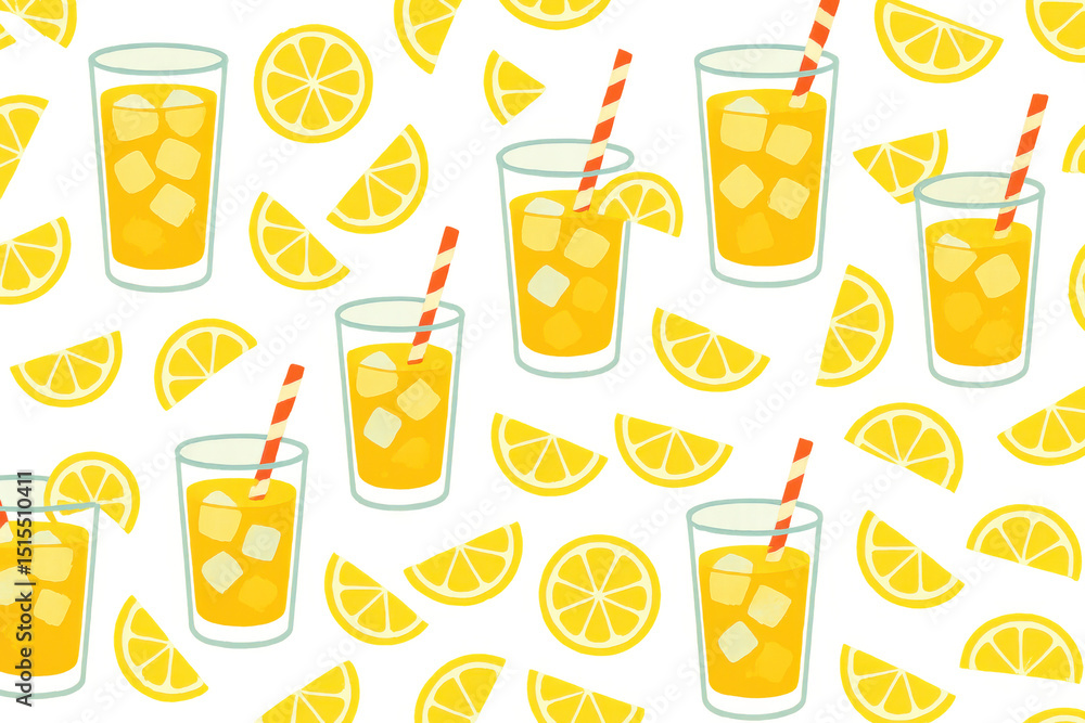 Poster lemonade glasses with ice, straws, lemon slices creating vibrant summer pattern against transparent 