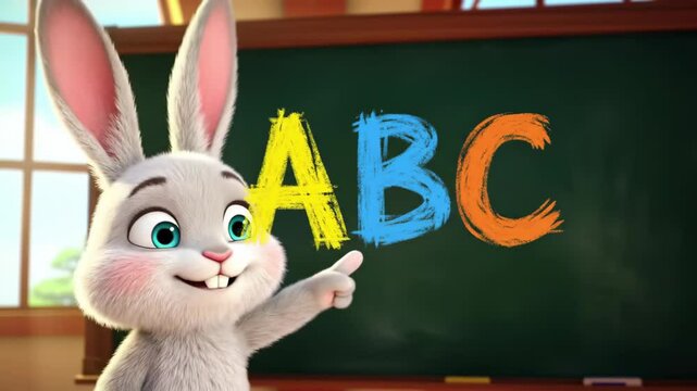 Animated rabbit learning ab cs on chalkboard