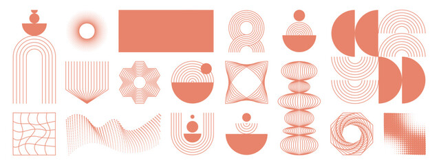 Fototapeta na wymiar Abstract minimal element mid century vector set. Aesthetic contemporary stripe line art, geometric shape in orange. Art form design for wall art, decoration, wallpaper.