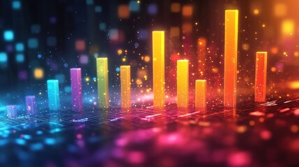 Fototapeta premium Abstract colorful 3D bar graph rising from glowing particles, representing growth, data, technology, and progress.
