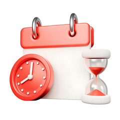 3d Red Calendar with clock icon on isolated purple background. Reminder notification or Time management concept. Website Ui design icon. Minimal 3d cartoon red calendar time zone icon. 3d render.