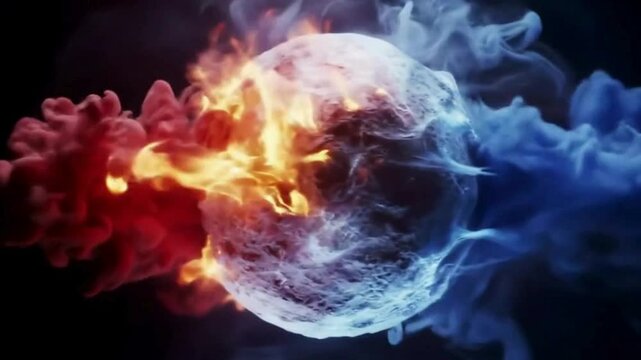 Abstracts appear with fire and ice effects. Blue and red smoke collide around the ball. 2 video clips, 1 in-out transition and 1 spin are available. 3D rendering
