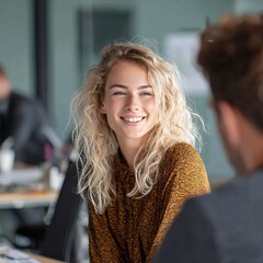 A portrait of a woman, her face beaming with a warm and genuine smile while in meeting. This image exudes approachability and optimism