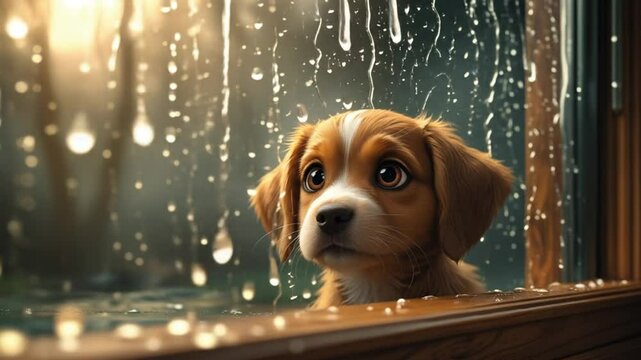 Adorable Puppy Gazing Longingly Through Rainy Windowpane