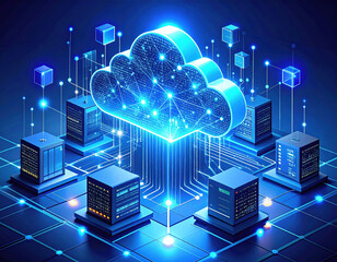 Cloud computing technology enables seamless data storage and management, enhancing connectivity and efficiency modern businesses. This digital landscape showcases servers and cloud infrastructure