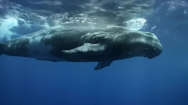 A majestic sperm whale swims gracefully underwater, symbolizing the beauty and mystery of marine life in the vast ocean.