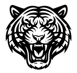 A tiger head with its mouth open and teeth bared
