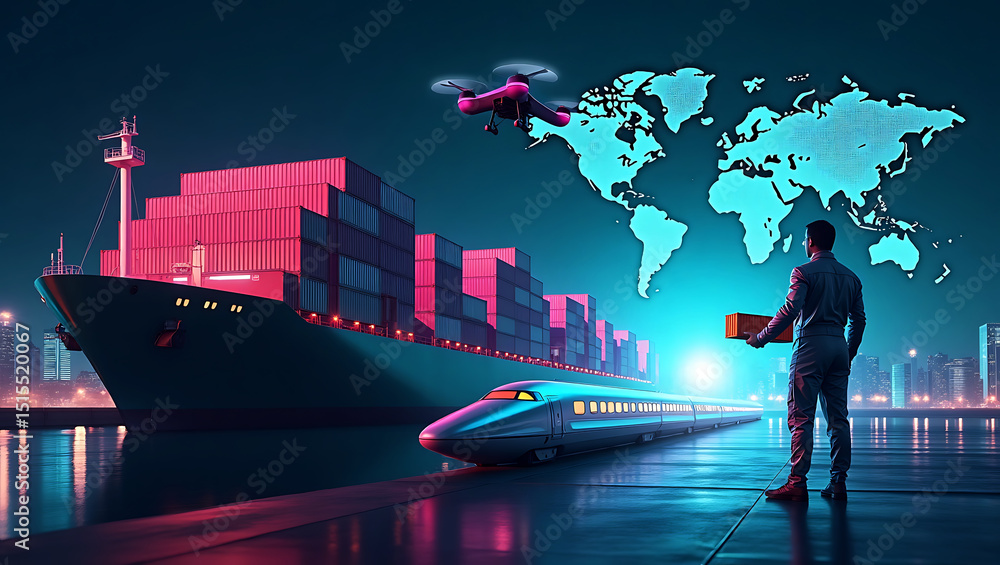 Poster global business background featuring international teamwork with digital world map connection concep