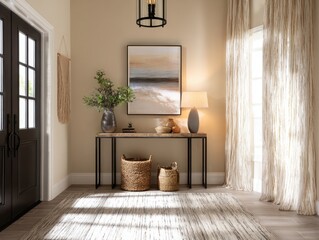 A hallway with a black door and a white door. A black and white picture hangs on the wall. A lamp is on a table. A vase with flowers is on the table. A basket is on the floor
