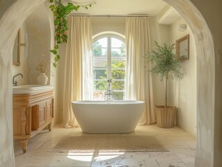 Fototapeta premium A bathroom with a white bathtub and a sink. The bathtub is in the center of the room