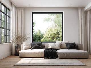 Fototapeta premium A large white couch with black pillows sits in front of a window. A vase with flowers sits on the floor in front of the couch