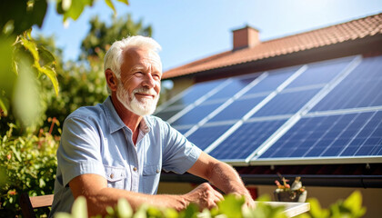 Silver haired man with serene expression sat in his backyard, surrounded by greenery, enjoying sunlight and view of solar panels on roof