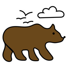 Bear walking illustration. Brown bear vector. Flying birds detail. Cloudy sky background.