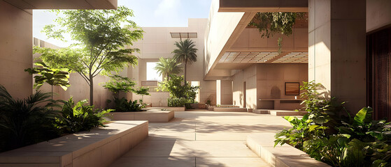 Beige Modern Architecture Courtyard With Lush Green Plants