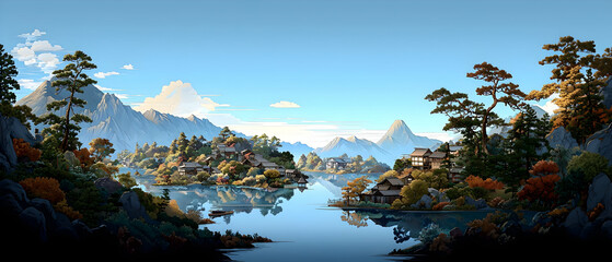 Pixelated Japanese Village Landscape By Lake With Mountains