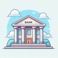 Obraz premium Illustration of a bank building in a minimalist style set against a blue sky with clouds, copy space