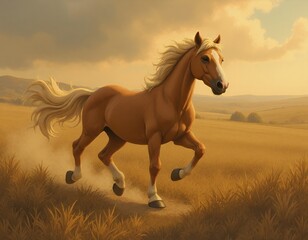Obraz premium Golden Palomino Horse Galloping Through Golden Field at Sunset