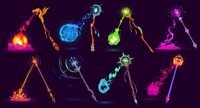 Cartoon magic wizard staff scepter with enchantment fire burst. Vector set of wiz rods with glowing magical energy explosion. Fantasy wands with fire, water, lightning, heart, ice and elemental spells