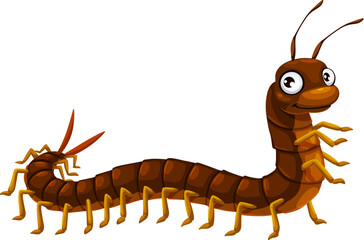Cartoon funny centipede insect character. Cute insect or animal with long multi-legged body isolated vector personage. Venomous centipede or scolopendra arthropod funny character or cartoon mascot