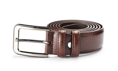 One brown leather belt isolated on white
