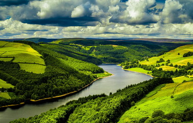 landscape with green fields and river