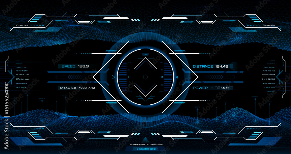Poster Sci Fi game screen, military aircraft cockpit interface, aim target control HUD UI. Vector futuristic cyber technology Sci Fi game screen frame with digital target crosshair and virtual grid surface